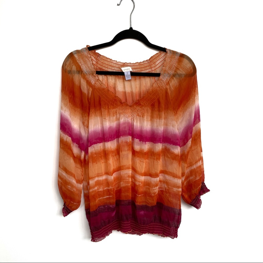 CHICO’S, Ombré Top Elastic Neck Sz:2 Orange&Pink